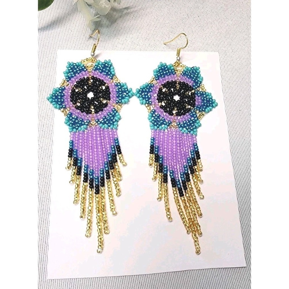 Handmade Sunflower Beaded  Fashion Earrings Long 4"